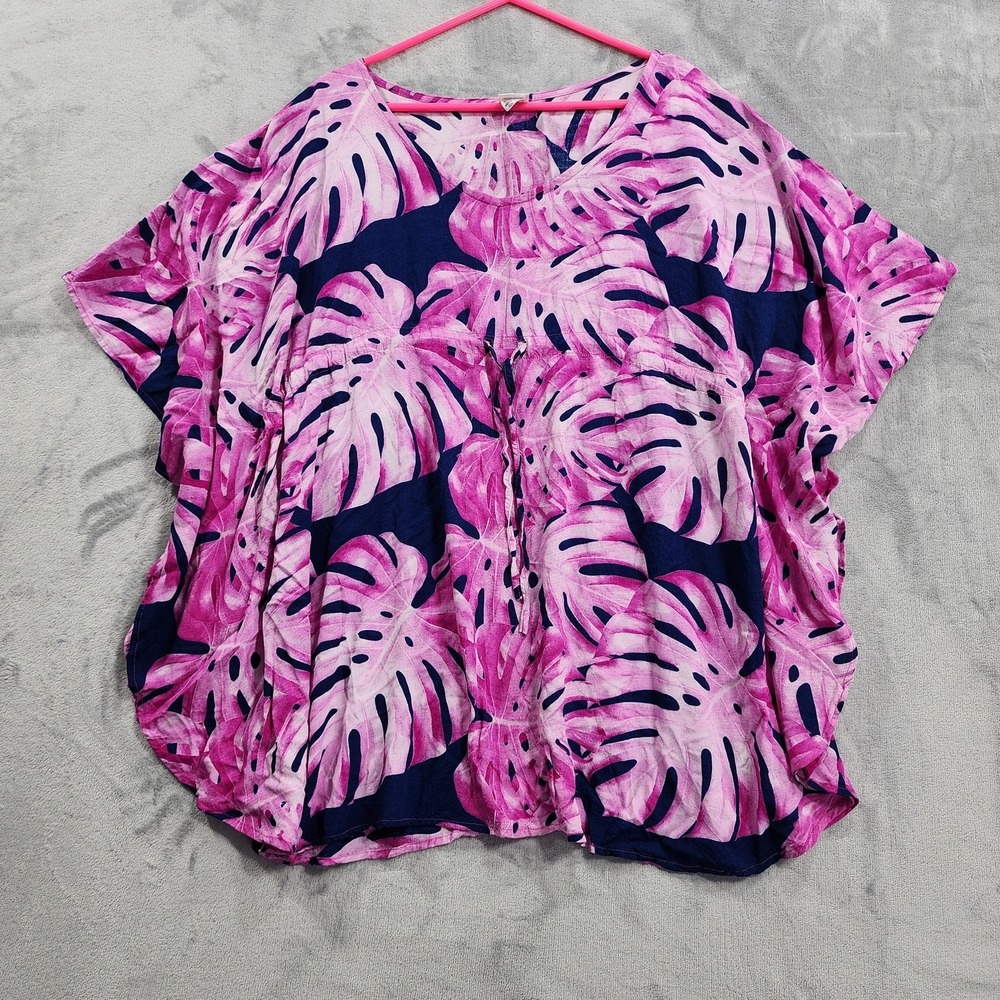 Hula Bay Top Womens‎ L/XL Pink Tropical Leaf Round Neck Dolman Sleeve Tunic